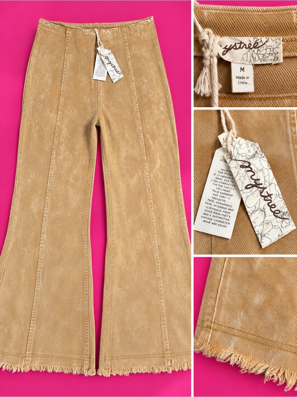 Mystree Tan Flared Jeans with Frayed Hem